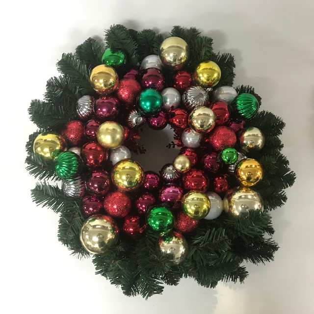 WREATH, 55cm Diameter Silver, Gold, Red & Green Baubles